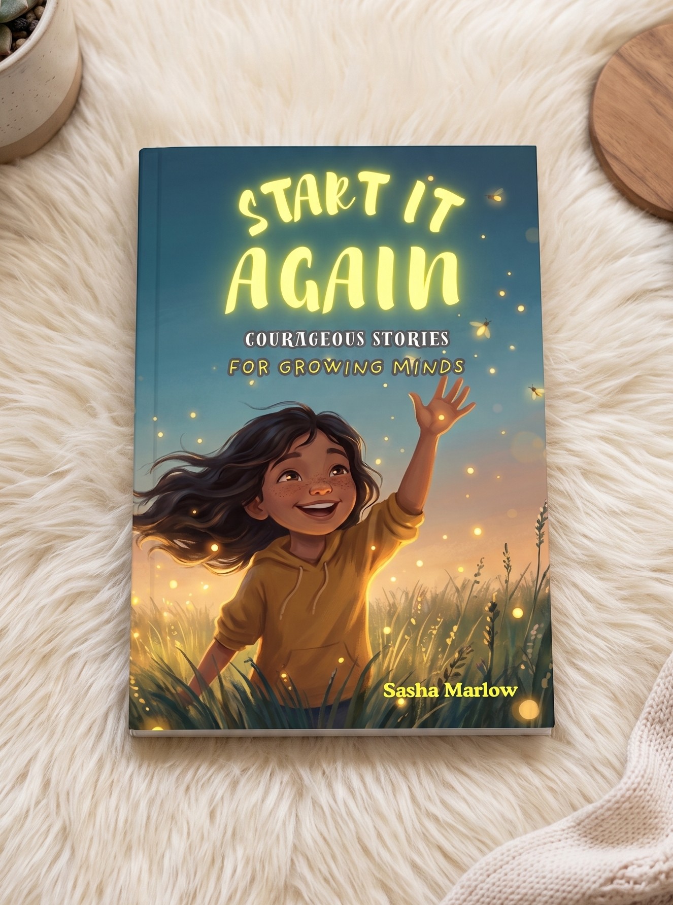 Start It Again by Sasha Marlow, photographed on a soft blanket, with its illustrated book cover visible