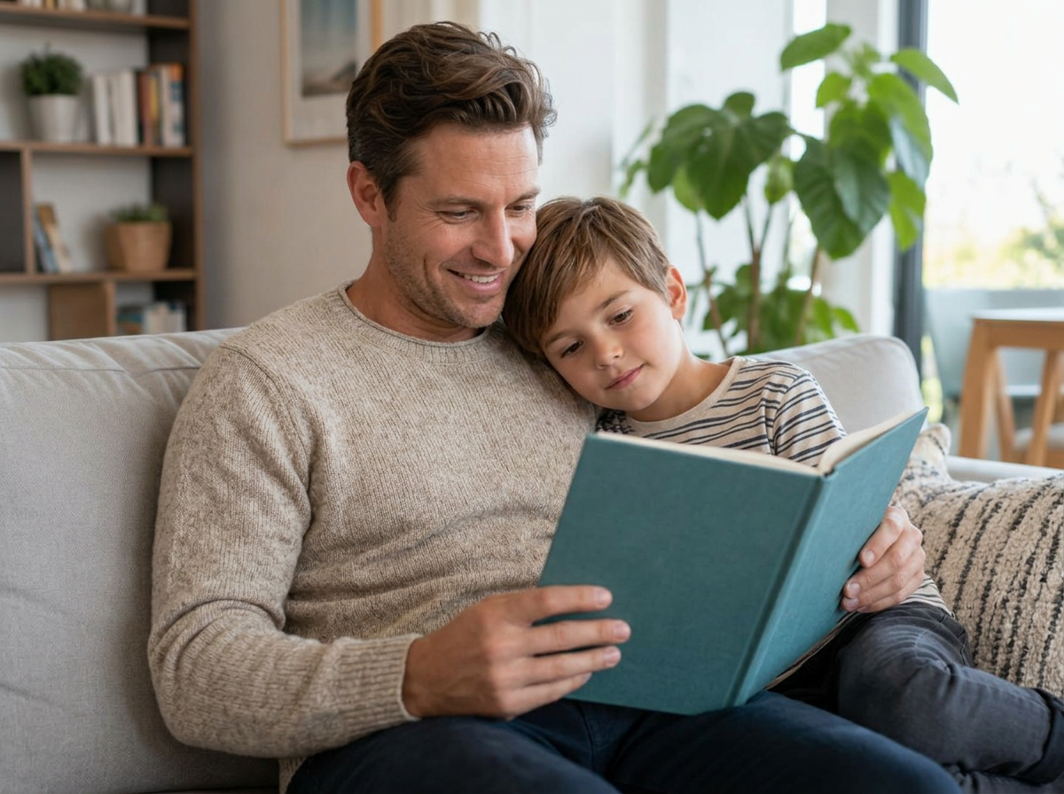 A father and his son reading together on a sofa, the boy leaning against him, with only the book’s plain outer cover visible