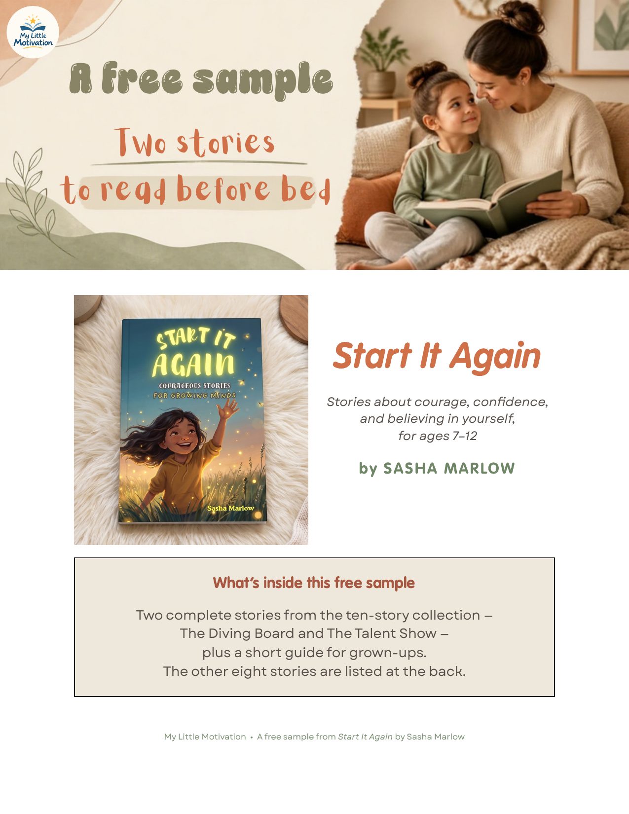 The first page of the free sample: “A free sample — Two stories to read before bed”, with the Start It Again book cover and a parent reading with her child