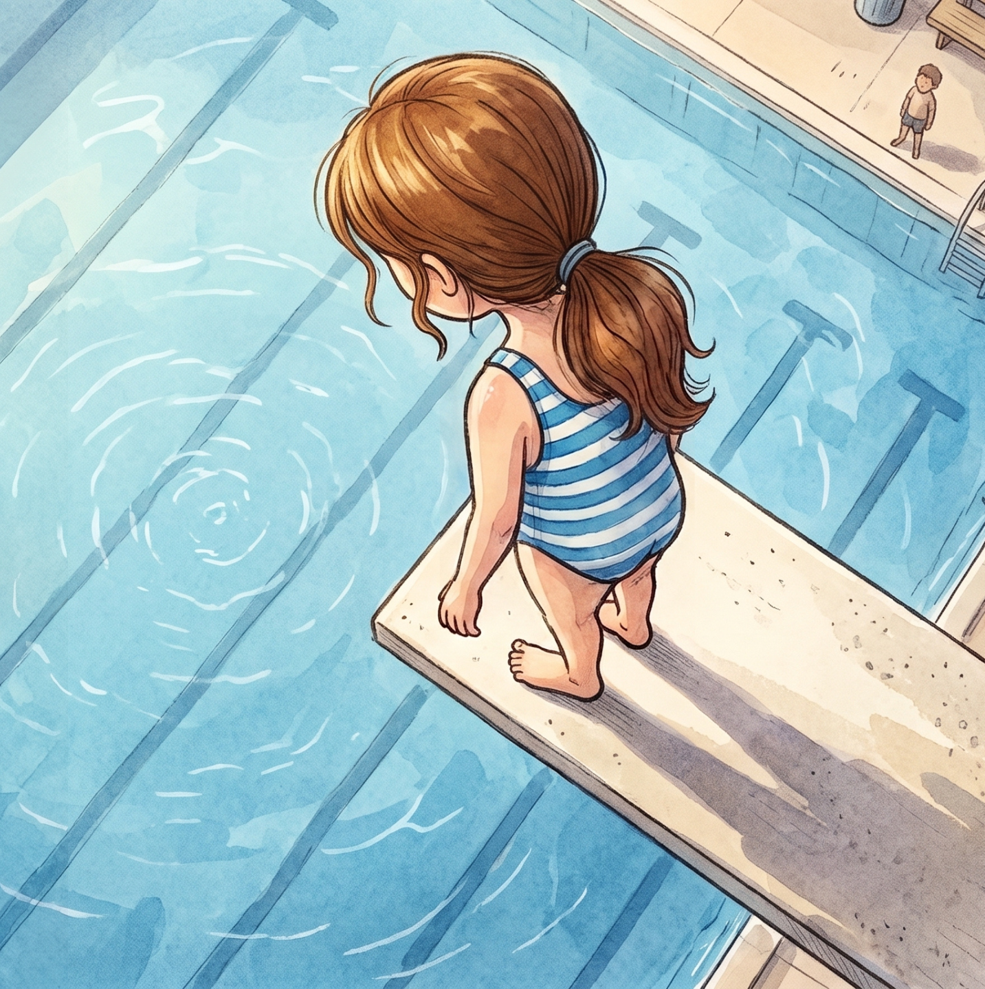Maya standing on a diving board, looking down at the swimming pool