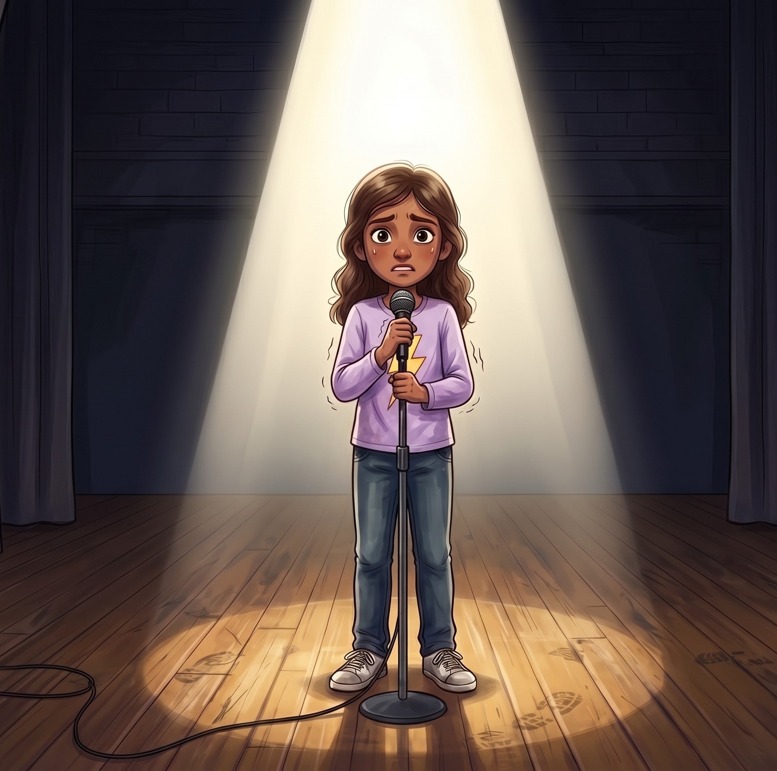 Priya nervously holding a microphone on a wooden stage, lit by a single spotlight against dark curtains